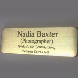 Brushed Gold Name Badge with Text and pin attached Laserable Plastic 70 x 23 mm