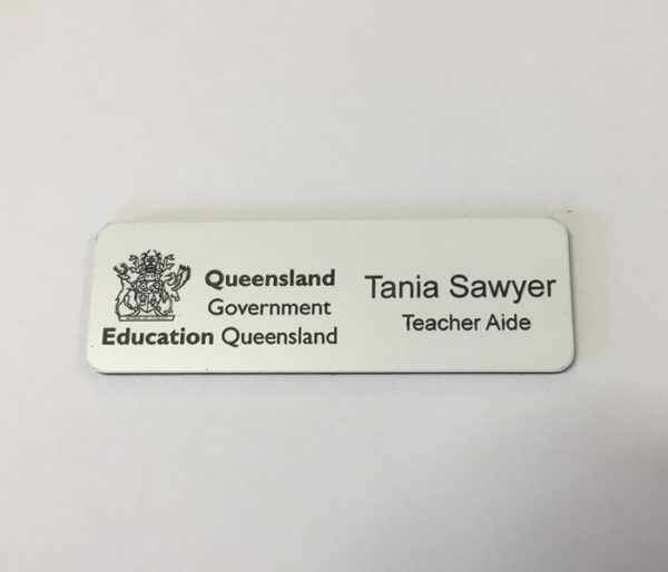 White Name Badge with logo + Pin Laserable Plastic 70 x 23mm