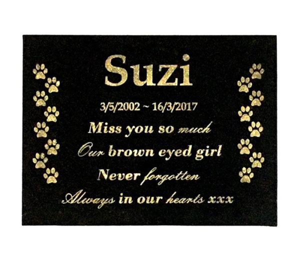 Custom Engraved Dog Memorial Plaque Black Granite with mounting holes 200x150