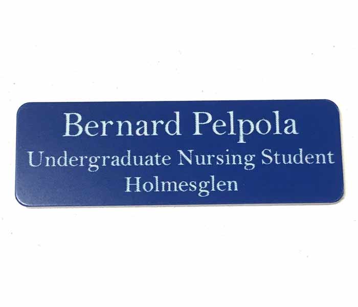 Dark Blue Name Badge with logo + Pin attached Laserable Plastic 70 x 23 mm