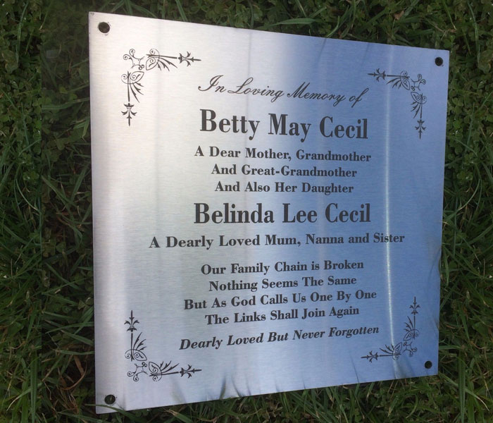 Grave Marker Plaque Laser Engraved Stainless Steel mounting holes 200 x 200 mm