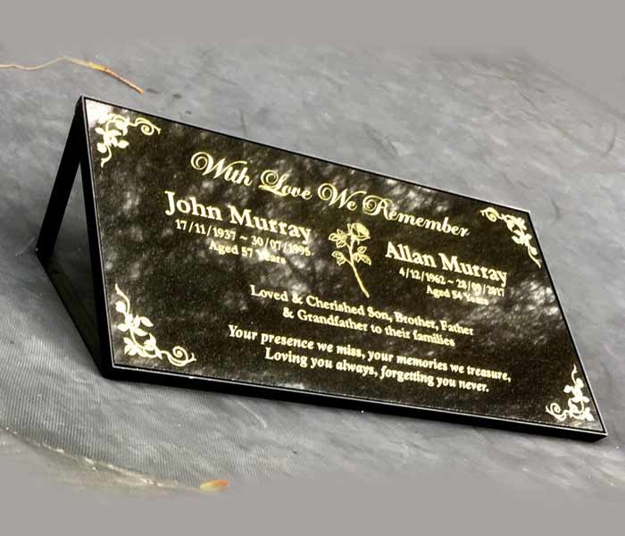 Grave Memorial Marker Custom Laser Engraved Black Granite on Stand 600x300mm