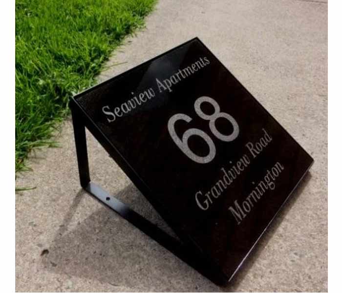 House Number Sign on Wrought Iron Stand Engraved Black Granite 300 x 300mm