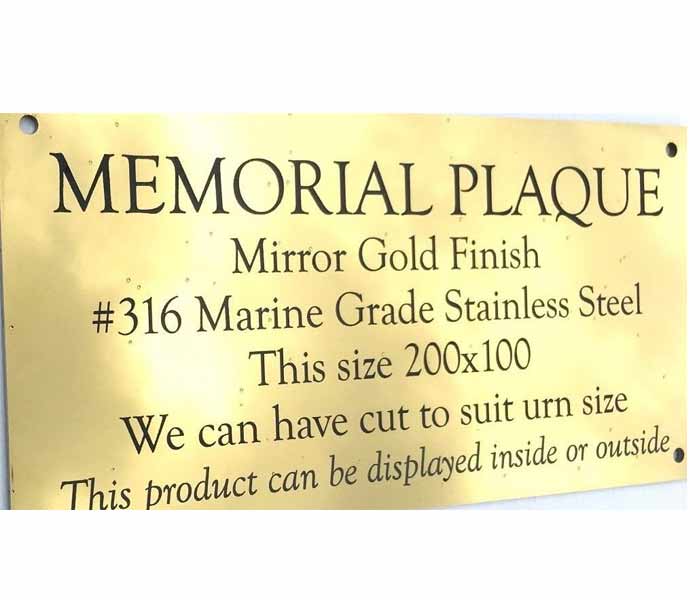 Memorial Plaque Stainless Steel Gold Mirror Finish 4 mounting holes 200 x 100 mm