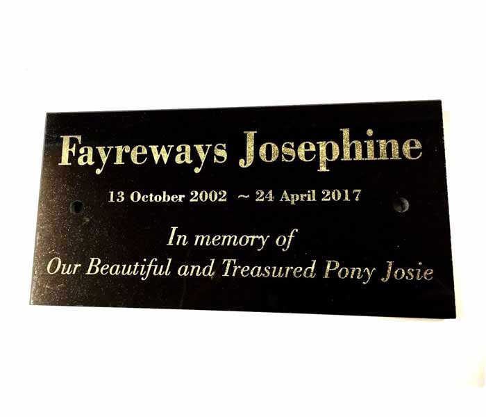 Pet Horse Memorial Customised Laser Engraved Black Granite on stand