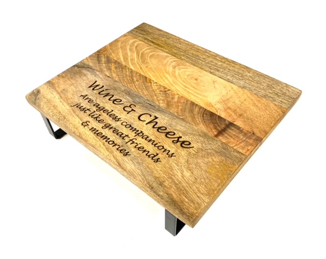 Wedding Gift Wood Cheese Board on Wrought Iron Stand Personalised Laser Engraved 300 X 250mm